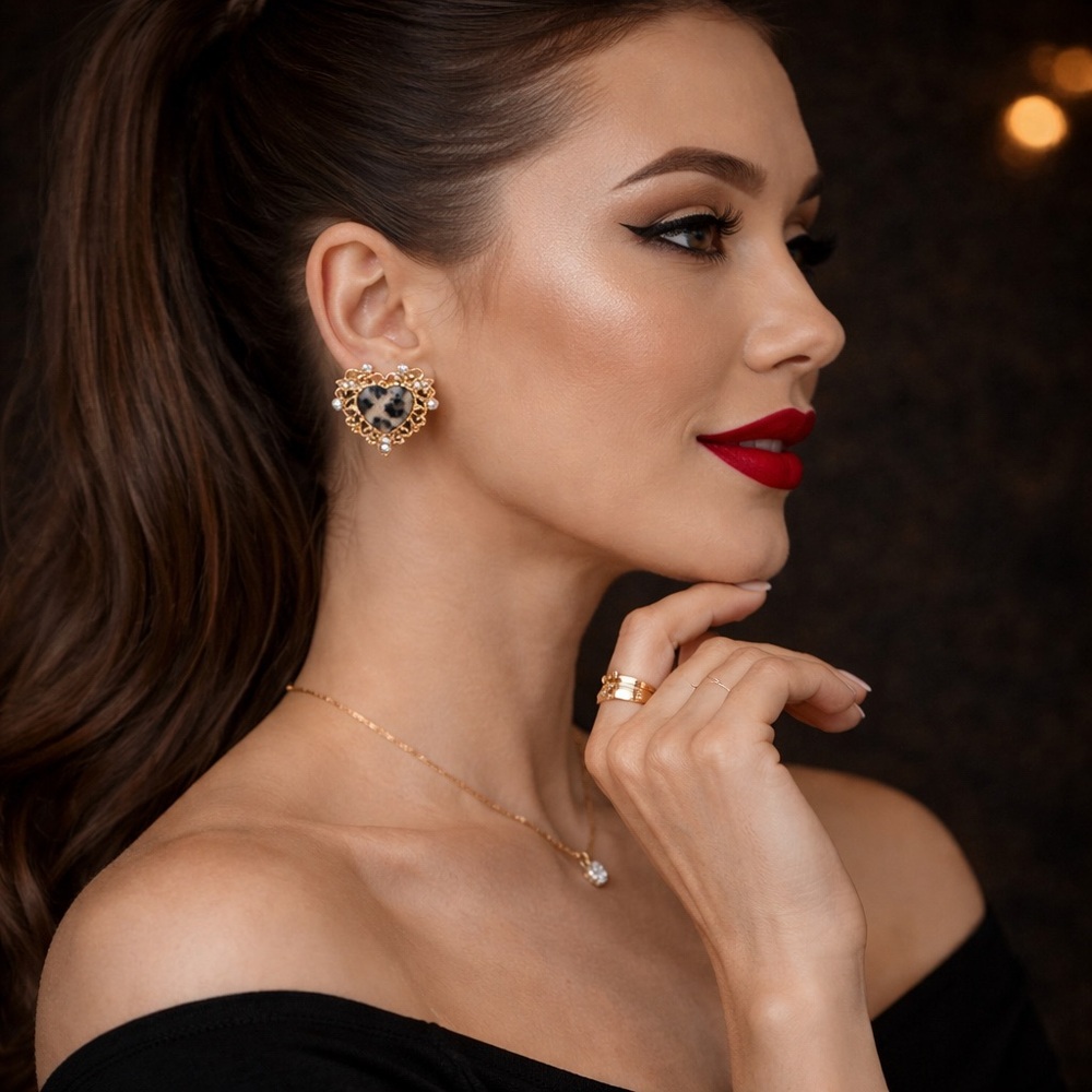 Leopard Heart Statement Earrings – Gold Filigree Rhinestone Glam Luxe
